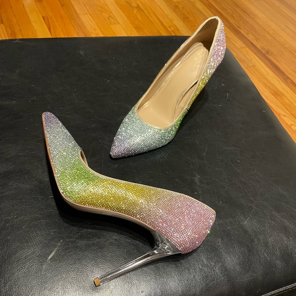 Danyah Pump Embellish Rhinestone Crystal Colorblock Rainbow Neon Clear Stilettos - Picture 3 of 15